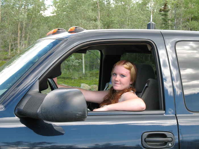 Isabella towing the trailer