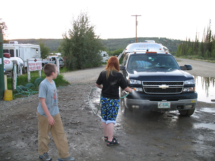 The kids help out with a first pass cleaning of the outside