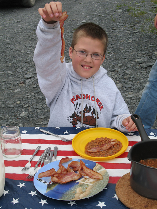 Karl, aka bacon-man, gets his fix.