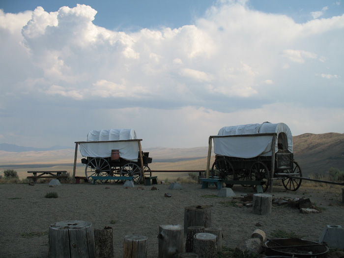 Traditional wagons of the time on display outside (in the desert)