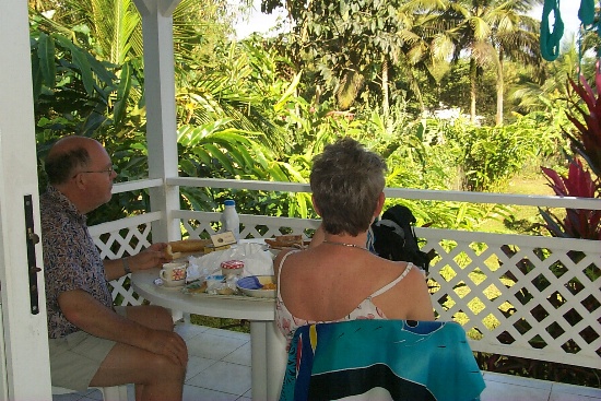 Dad and Sophy enjoying a breakfast view before hike