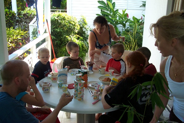 Eating breakfast at the bungalow