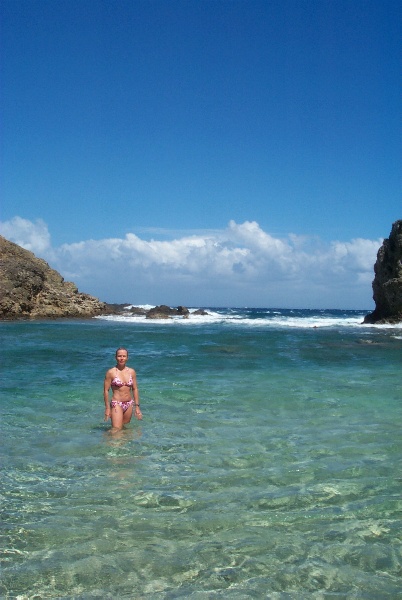 Lilli taking a dip at the right edge of the bay